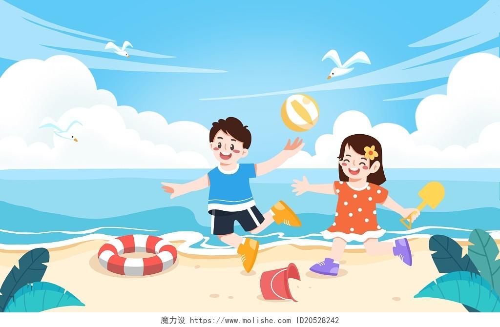 海边插画卡通人物jpg素材扁平夏天海边沙滩插画